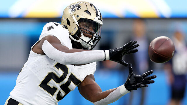 INGLEWOOD, CALIFORNIA - AUGUST 20: Kendre Miller #25 of the New Orleans Saints warms up prior to the preseason game against the Los Angeles Chargers at SoFi Stadium on August 20, 2023 in Inglewood, California.