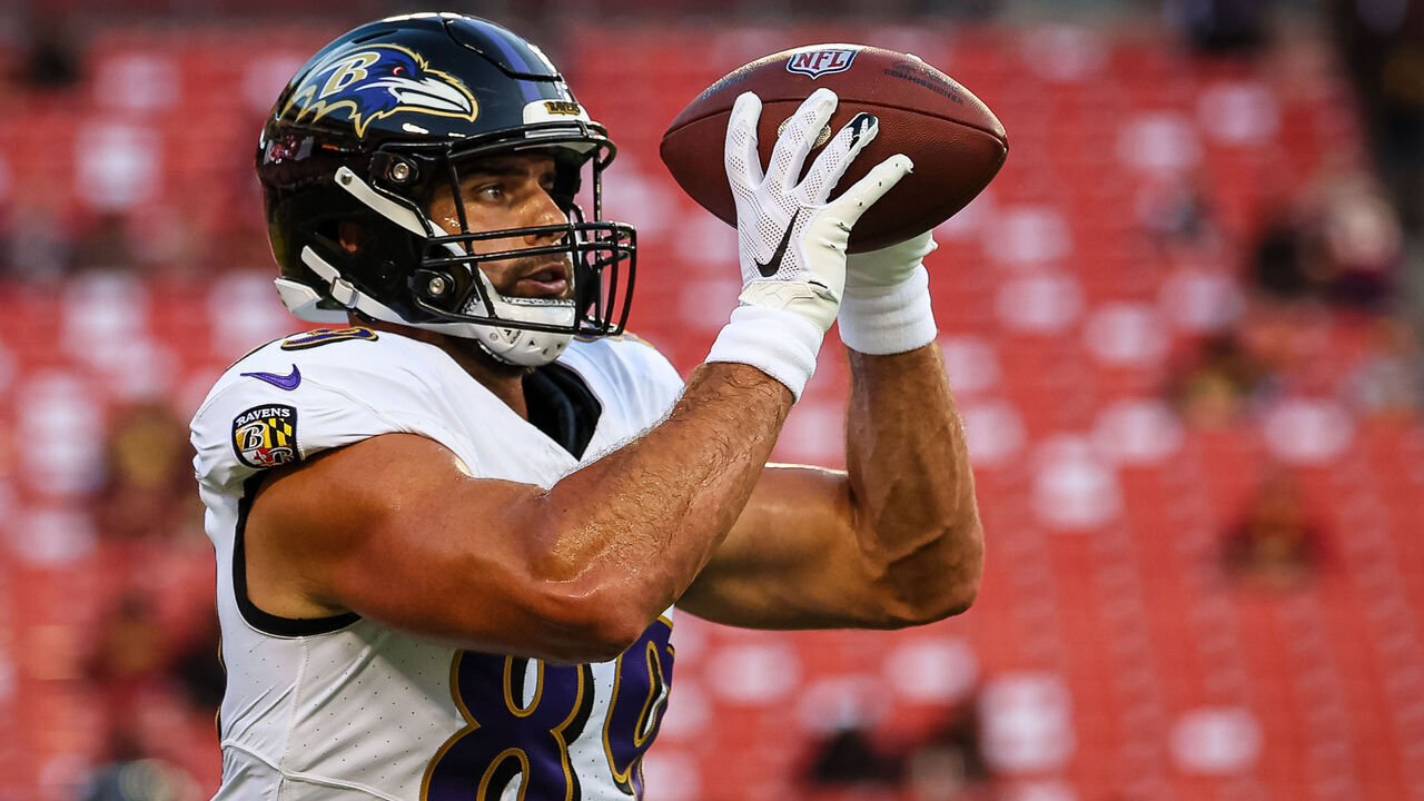 LANDOVER, MD - AUGUST 21: Mark Andrews #89 of the Baltimore Ravens in action before the preseason game against the Washington Commanders at FedExField on August 21, 2023 in Landover, Maryland.