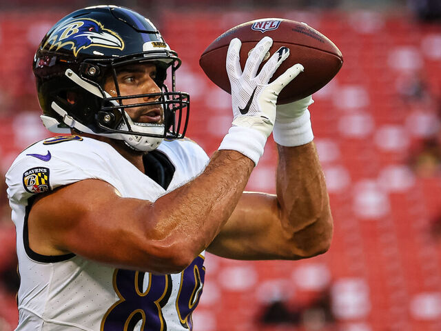 LANDOVER, MD - AUGUST 21: Mark Andrews #89 of the Baltimore Ravens in action before the preseason game against the Washington Commanders at FedExField on August 21, 2023 in Landover, Maryland.