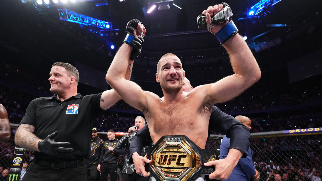 SYDNEY, AUSTRALIA - SEPTEMBER 10: Sean Strickland reacts after a unanimous-decision victory over Israel Adesanya of Nigeria in the UFC middleweight championship fight during the UFC 293 event at Qudos Bank Arena on September 10, 2023 in Sydney, Australia.