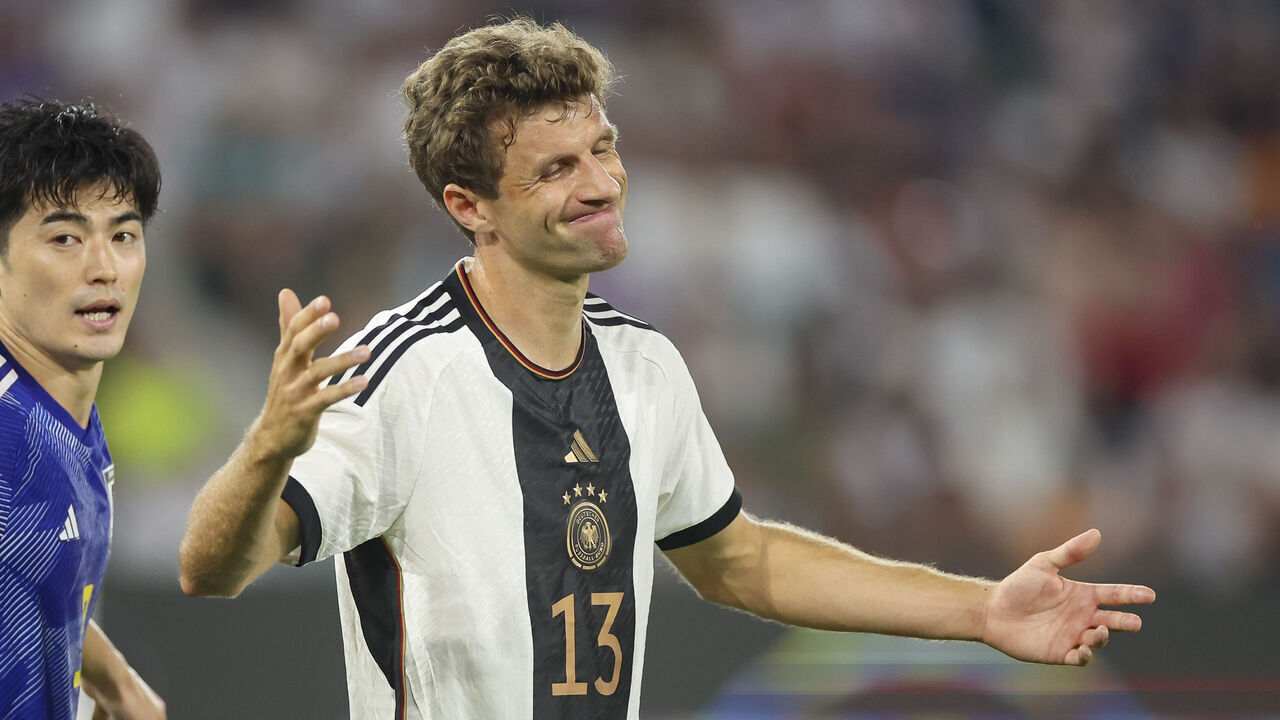 WOLFSBURG, GERMANY - SEPTEMBER 9: Thomas Mueller of Germany looks dejected during the international friendly match between Germany and Japan at Volkswagen Arena on September 9, 2023 in Wolfsburg, Germany.