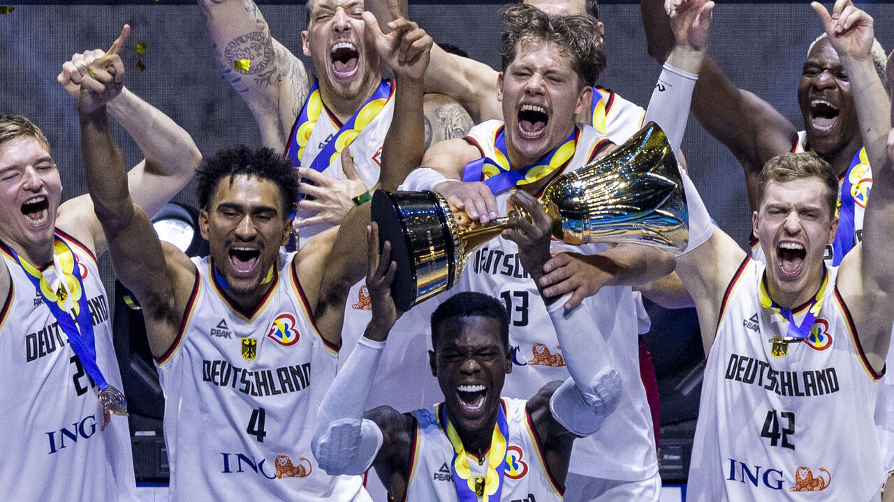 MANILA, PHILIPPINES - SEPTEMBER 10: Germany celebrates after winning the FIBA Basketball World Cup Final between Germany and Serbia at Mall of Asia Arena on September 10, 2023 in Manila, Philippines.