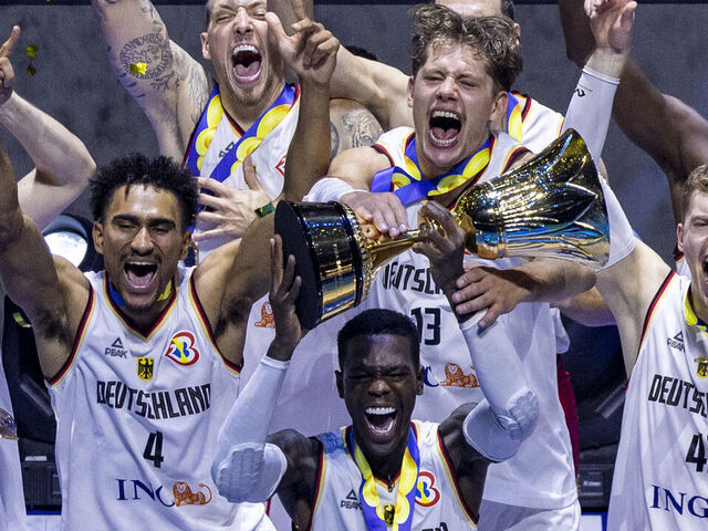 MANILA, PHILIPPINES - SEPTEMBER 10: Germany celebrates after winning the FIBA Basketball World Cup Final between Germany and Serbia at Mall of Asia Arena on September 10, 2023 in Manila, Philippines.