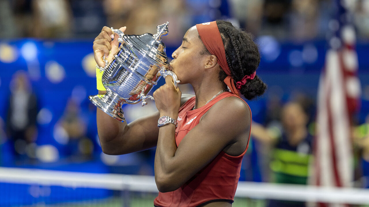 NEW YORK, USA: September 9: Coco Gauff of the United States with the winners trophy after her victory against Aryna Sabalenka of Belarus in the Women's Singles Final on Arthur Ashe Stadium during the US Open Tennis Championship 2023 at the USTA National Tennis Centre on September 9th, 2023 in Flushing, Queens, New York City.