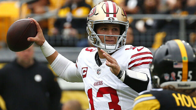 PITTSBURGH, PENNSYLVANIA - SEPTEMBER 10: Brock Purdy #13 of the San Francisco 49ers throws a pass in the first quarter against the Pittsburgh Steelers at Acrisure Stadium on September 10, 2023 in Pittsburgh, Pennsylvania.