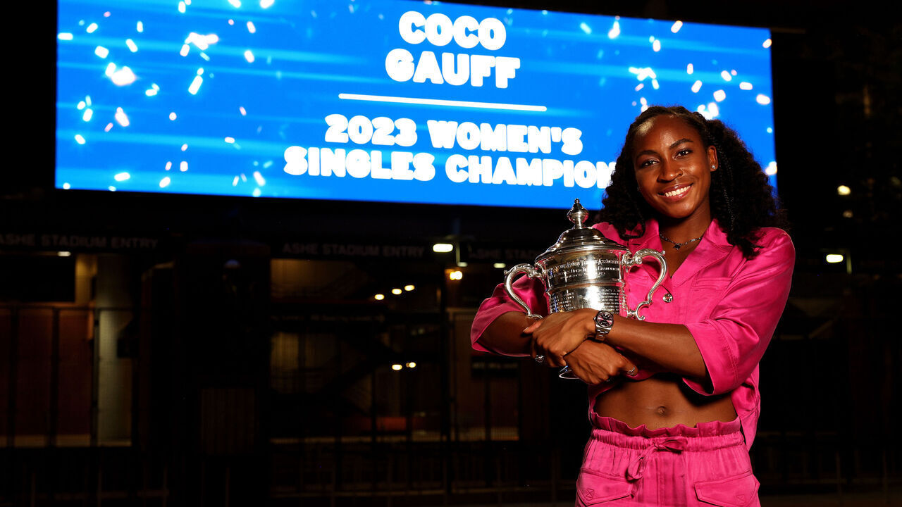 NEW YORK, NEW YORK - SEPTEMBER 09: Coco Gauff of the United States poses outside of Arthur Ashe Stadium with the trophy after defeating Aryna Sabalenka of Belarus in their Women's Singles Final match on Day Thirteen of the 2023 US Open at the USTA Billie Jean King National Tennis Center on September 09, 2023 in the Flushing neighborhood of the Queens borough of New York City.