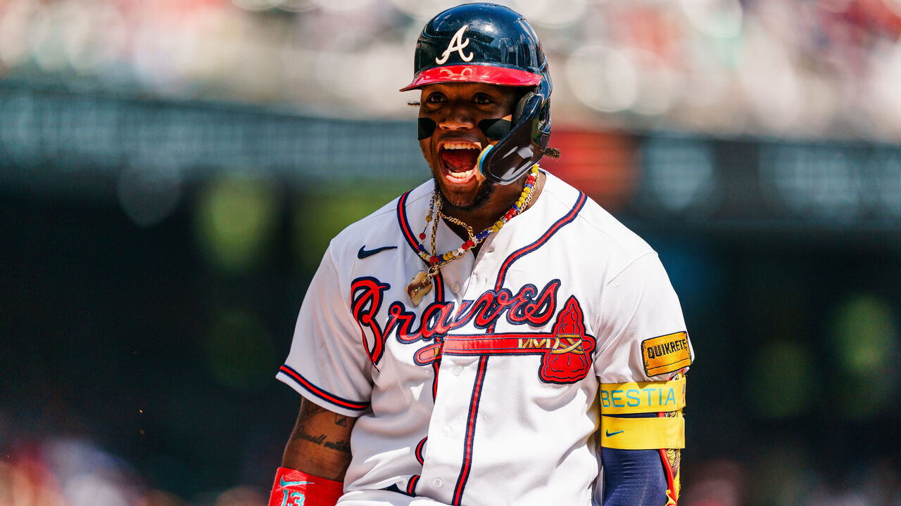 ATLANTA, GA - SEPTEMBER 10: Ronald Acuna Jr. #13 of the Atlanta Braves celebrates after hitting an RBI single in the seventh inning against the Pittsburgh Pirates at Truist Park on September 10, 2023 in Atlanta, Georgia.