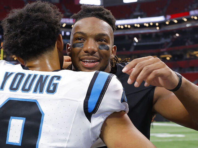 Carolina Panthers quarterback Bryce Young (9) warms up before the first  half of an NFL football game between the Atlanta Falcons and the Carolina  Panthers, Sunday, Sept. 10, 2023, in Atlanta. (AP