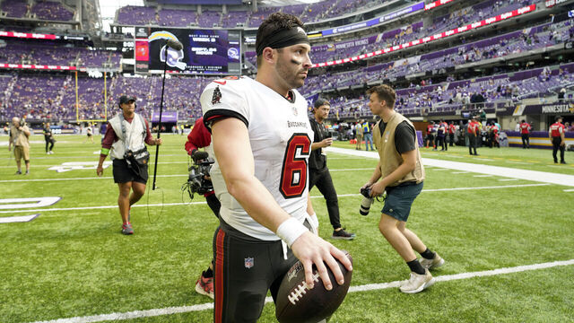 MINNEAPOLIS, MINNESOTA - SEPTEMBER 10: Baker Mayfield #6 of the Tampa Bay Buccaneers walks off the field after the Buccaneers defeated the Minnesota Vikings, 20-17, at U.S. Bank Stadium on September 10, 2023 in Minneapolis, Minnesota.