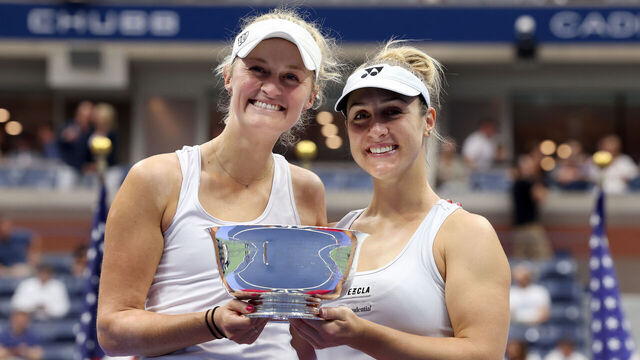 NEW YORK, NEW YORK - SEPTEMBER 10: Gabriela Dabrowski (L) of Canada and partner Erin Routliffe of New Zealand celebrate after defeating Laura Siegemund of Germany and Vera Zvonareva of Russia in their Women's Doubles Final match on Day Fourteen of the 2023 US Open at the USTA Billie Jean King National Tennis Center on September 10, 2023 in the Flushing neighborhood of the Queens borough of New York City.