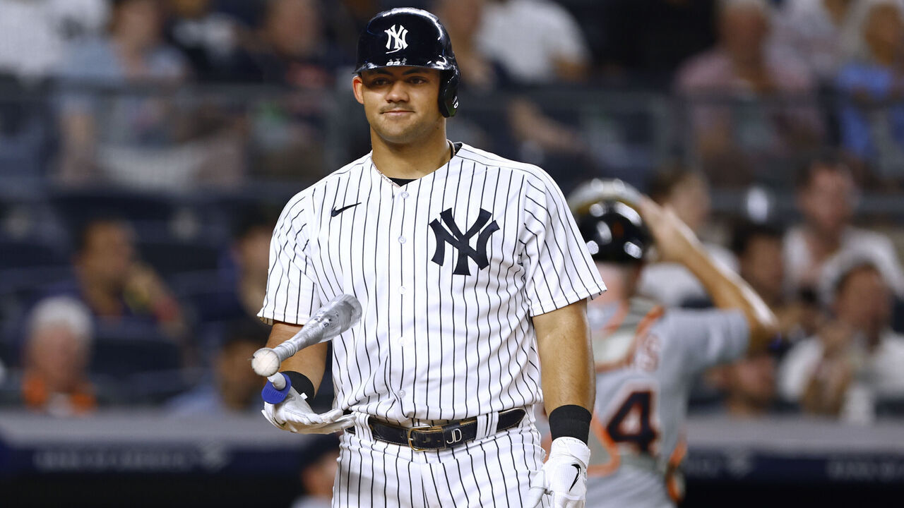 NEW YORK, NEW YORK - SEPTEMBER 7: Jasson Dominguez #89 of the New York Yankees reacts after being called out on strikes against the Detroit Tigers during the fourth inning of a game at Yankee Stadium on September 7, 2023 in New York City. The Tigers defeated the Yankees 10-3.