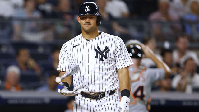 NEW YORK, NEW YORK - SEPTEMBER 7: Jasson Dominguez #89 of the New York Yankees reacts after being called out on strikes against the Detroit Tigers during the fourth inning of a game at Yankee Stadium on September 7, 2023 in New York City. The Tigers defeated the Yankees 10-3.