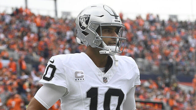 DENVER, COLORADO - SEPTEMBER 10: Jimmy Garoppolo #10 of the Las Vegas Raiders runs onto the field before his team's game against the Denver Broncos at Empower Field At Mile High on September 10, 2023 in Denver, Colorado.