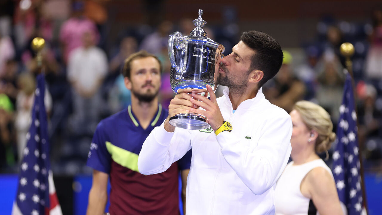 NEW YORK, NEW YORK - SEPTEMBER 10: Novak Djokovic of Serbia celebrates after defeating Daniil Medvedev of Russia during their Men's Singles Final match on Day Fourteen of the 2023 US Open at the USTA Billie Jean King National Tennis Center on September 10, 2023 in the Flushing neighborhood of the Queens borough of New York City.