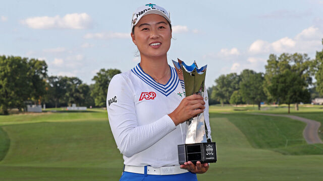 CINCINNATI, OH - SEPTEMBER 10: LPGA player Minjee Lee poses with the trophy after winning the Kroger Queen City Championship at the Kenwood Country Club in Cincinnati, Ohio.