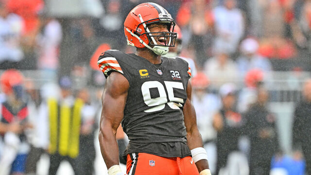 CLEVELAND, OHIO - SEPTEMBER 10: Myles Garrett #95 of the Cleveland Browns celebrates after sacking Joe Burrow (not pictured) of the Cincinnati Bengals during the second half at Cleveland Browns Stadium on September 10, 2023 in Cleveland, Ohio.