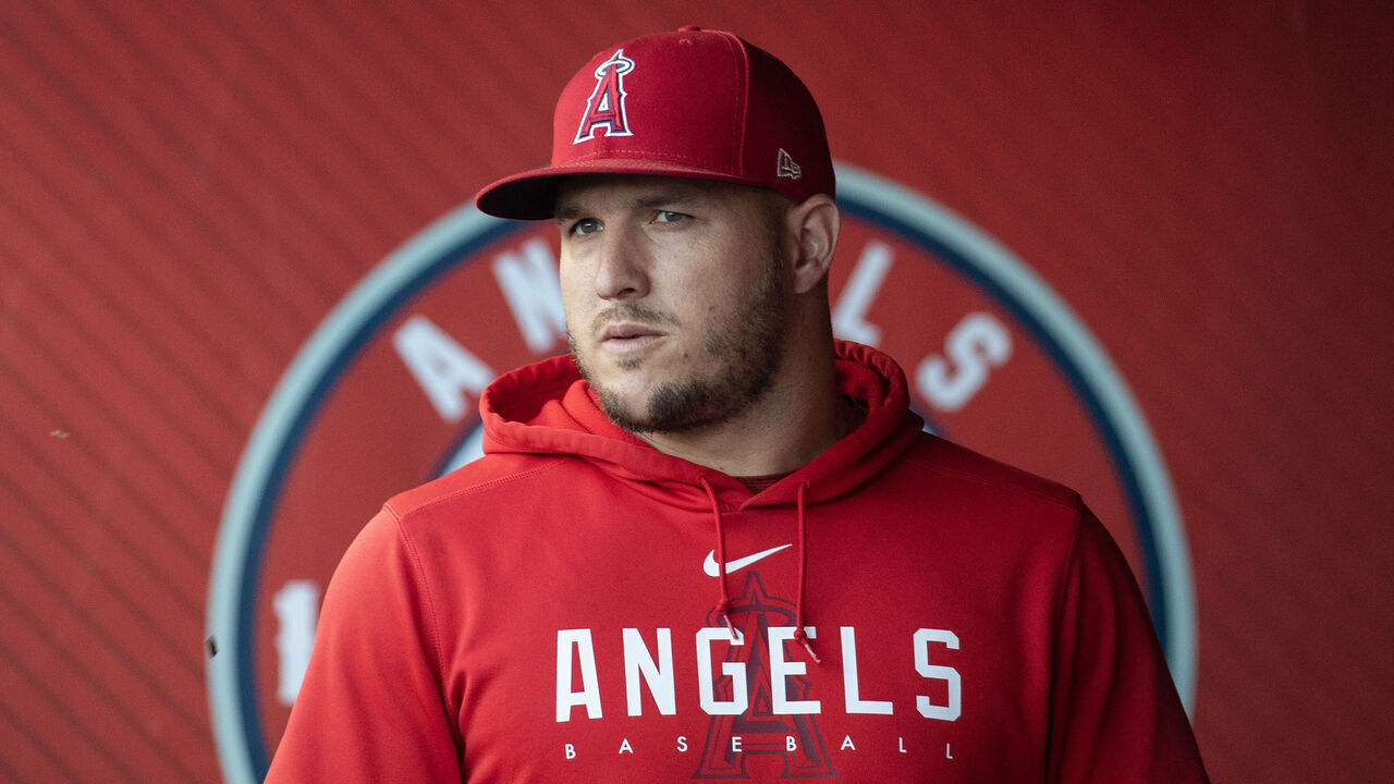 Anaheim, CA - July 18: Angels star Mike Trout walks in the dugout before a game with the Yankees at Angel Stadium in Anaheim Tuesday, July 18, 2023. (Allen J. Schaben / Los Angeles Times via Getty Images)