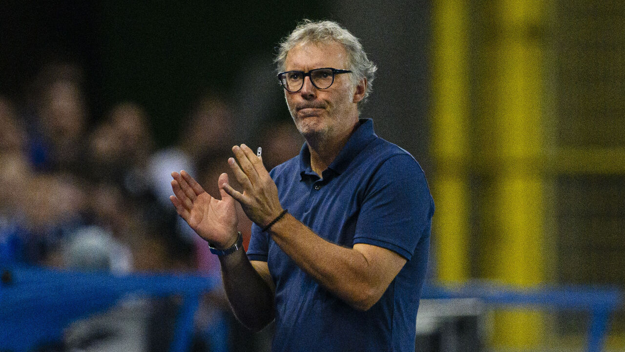 STRASBOURG, FRANCE - AUGUST 13: Olympique Lyon Head Coach Laurent Blanc gestures during the Ligue 1 Uber Eats match between RC Strasbourg and Olympique Lyon at Stade de la Meinau on August 13, 2023 in Strasbourg, France.