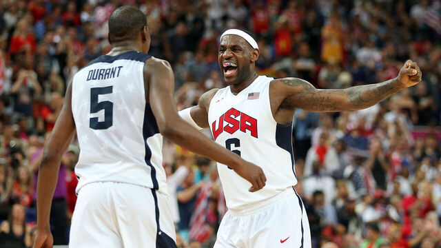 LONDON, ENGLAND - AUGUST 12: Kevin Durant #5 and LeBron James #6 of the United States celebrate in the Men's Basketball gold medal game between the United States and Spain on Day 16 of the London 2012 Olympics Games at North Greenwich Arena on August 12, 2012 in London, England.