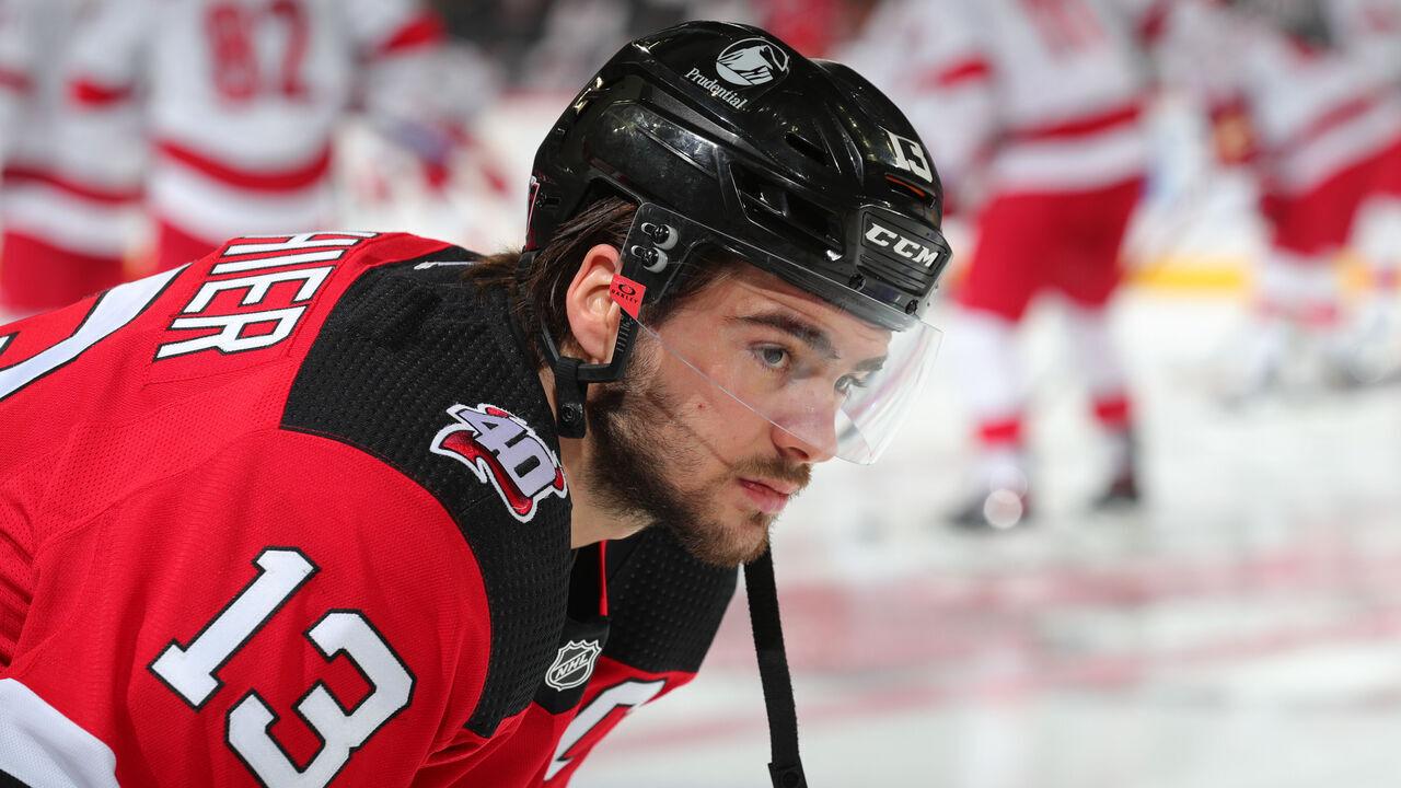 NEWARK, NJ - MAY 01: Nico Hischier #13 of the New Jersey Devils warms up prior to Game Three of the Second Round of the 2023 Stanley Cup Playoffs against the Carolina Hurricanes at the Prudential Center on May 7, 2023 in Newark, New Jersey.