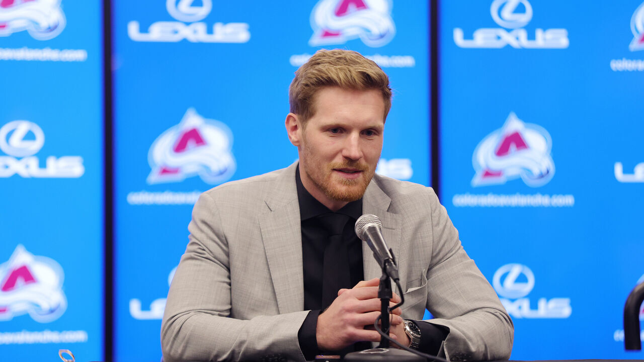 DENVER, COLORADO - APRIL 13: Gabriel Landeskog #92 of the Colorado Avalanche addresses the media prior to the game against the Winnipeg Jets at Ball Arena on April 13, 2023 in Denver, Colorado.