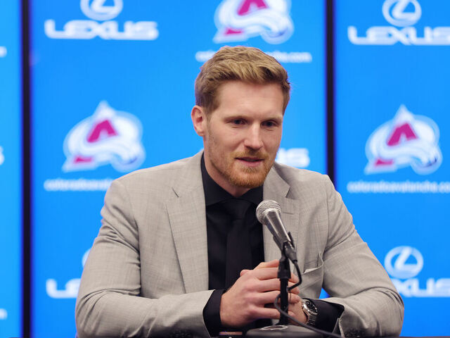 DENVER, COLORADO - APRIL 13: Gabriel Landeskog #92 of the Colorado Avalanche addresses the media prior to the game against the Winnipeg Jets at Ball Arena on April 13, 2023 in Denver, Colorado.
