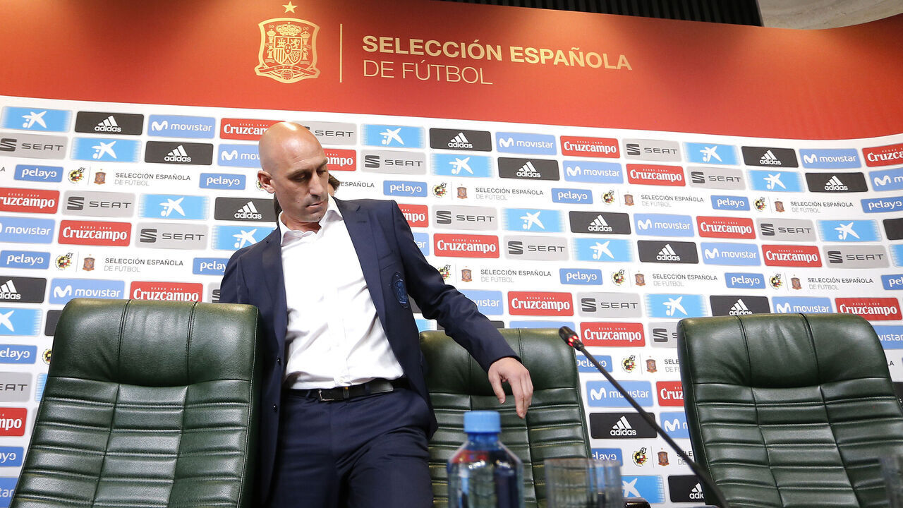 KRASNODAR, RUSSIA - JUNE 13: Luis Manuel Rubiales talks to the media during a Press Conference after the decision to dismiss Julen Lopetegui as coach of the Spanish national side ahead of the FIFA World Cup Russia 2018 on June 13, 2018 in Krasnodar, Russia.