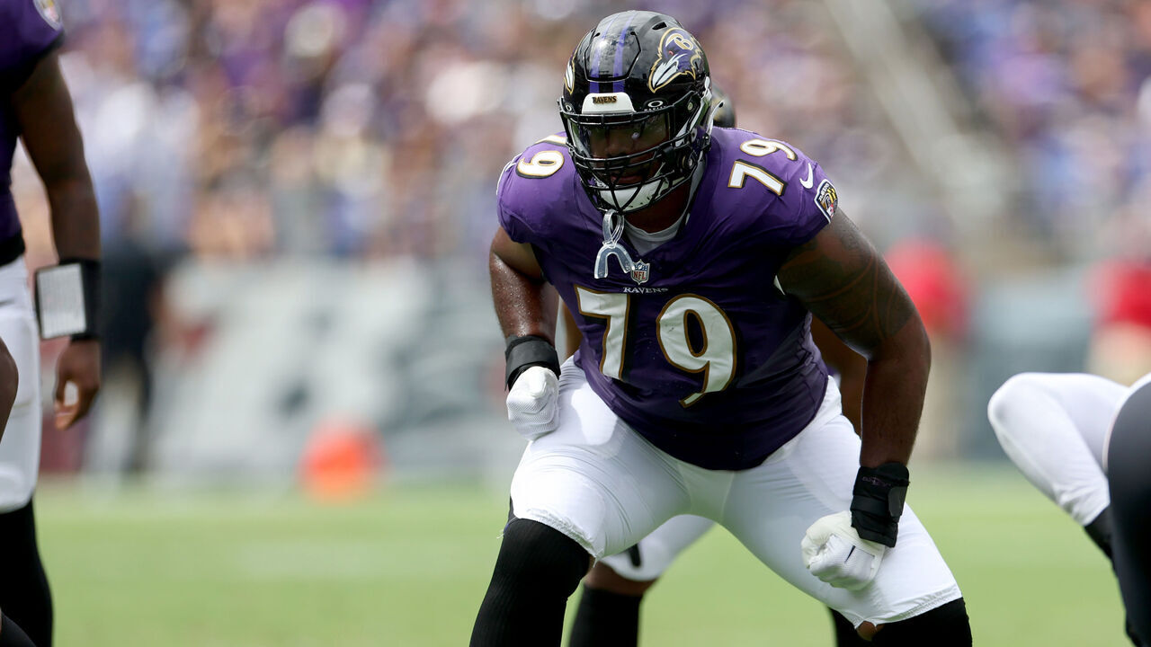 BALTIMORE, MARYLAND - SEPTEMBER 10: Ronnie Stanley #79 of the Baltimore Ravens lines up against the Houston Texans defense at M&T Bank Stadium on September 10, 2023 in Baltimore, Maryland.