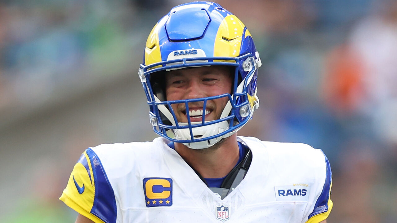 SEATTLE, WASHINGTON - SEPTEMBER 10: Matthew Stafford #9 of the Los Angeles Rams reacts during the second half against the Seattle Seahawks at Lumen Field on September 10, 2023 in Seattle, Washington.