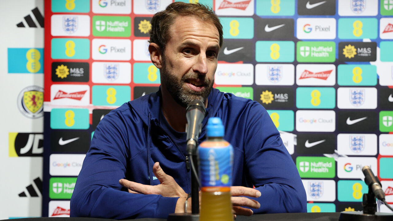 GLASGOW, SCOTLAND - SEPTEMBER 11: Gareth Southgate, Manager of England, talks to the media during a press conference at Hampden Park on September 11, 2023 in Glasgow, Scotland.