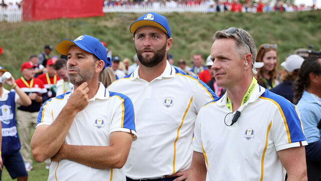 KOHLER, WISCONSIN - SEPTEMBER 26: Lee Westwood of England and team Europe, Sergio Garcia of Spain and team Europe, Jon Rahm of Spain and team Europe, and vice-captain Luke Donald of England and team Europe watch during Sunday Singles Matches of the 43rd Ryder Cup at Whistling Straits on September 26, 2021 in Kohler, Wisconsin.