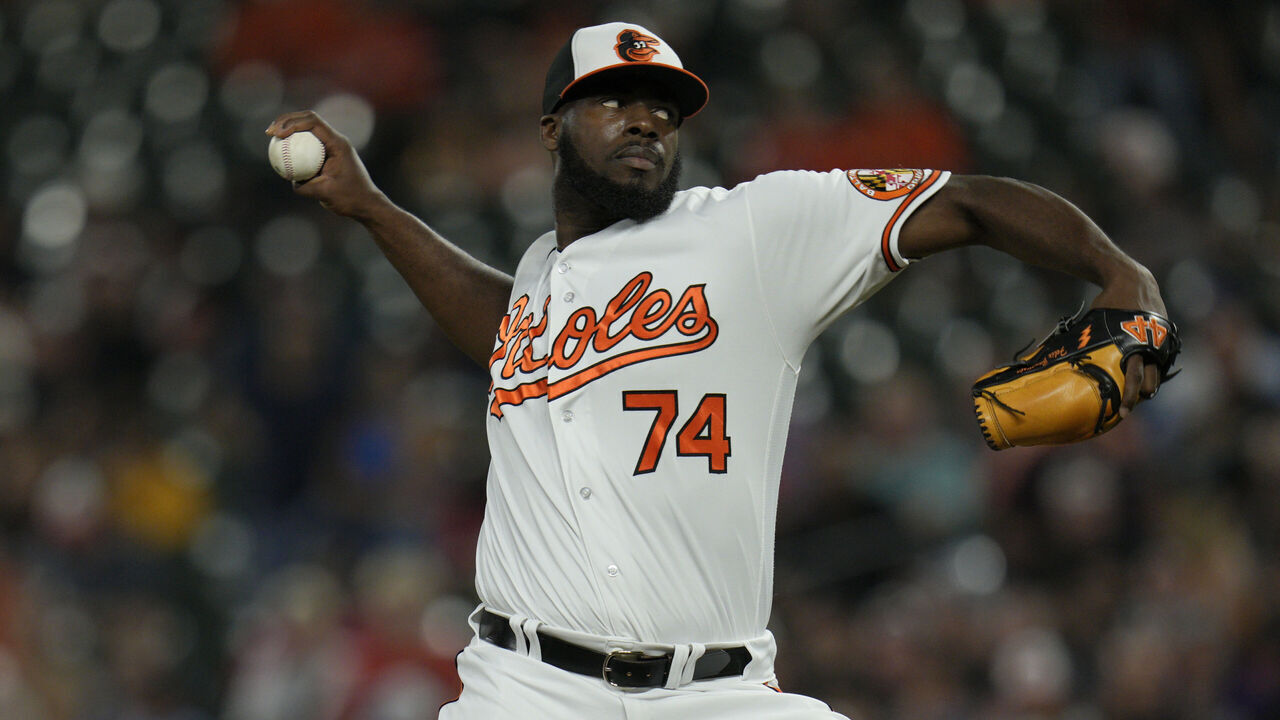 BALTIMORE, MARYLAND - AUGUST 24: Felix Bautista #74 of the Baltimore Orioles pitches against the Toronto Blue Jays during the ninth inning at Oriole Park at Camden Yards on August 24, 2023 in Baltimore, Maryland.