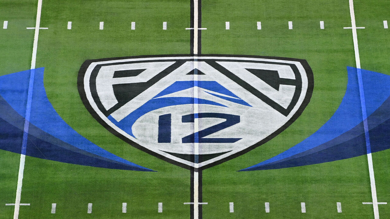 LAS VEGAS, NV - DECEMBER 02: A view of the Pac-12 logo on the field before the Pac-12 Conference championship game between the Utah Utes and the USC Trojans at Allegiant Stadium on December 2, 2022 in Las Vegas, Nevada.