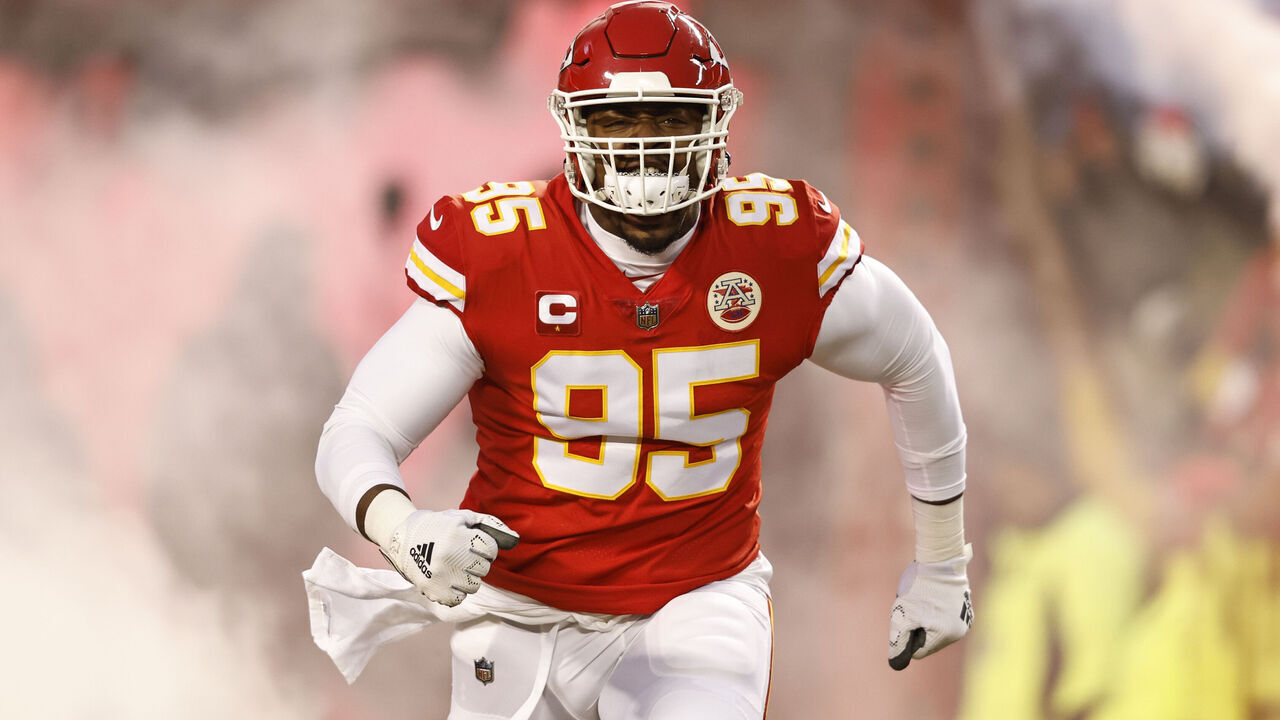 KANSAS CITY, MISSOURI - JANUARY 29: Chris Jones #95 of the Kansas City Chiefs reacts as he takes the field prior to the AFC Championship NFL football game between the Kansas City Chiefs and the Cincinnati Bengals at GEHA Field at Arrowhead Stadium on January 29, 2023 in Kansas City, Missouri.