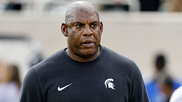 EAST LANSING, MICHIGAN - SEPTEMBER 09: Mel Tucker head coach of the Michigan State Spartans looks on before a game against the Richmond Spiders at Spartan Stadium on September 09, 2023 in East Lansing, Michigan.
