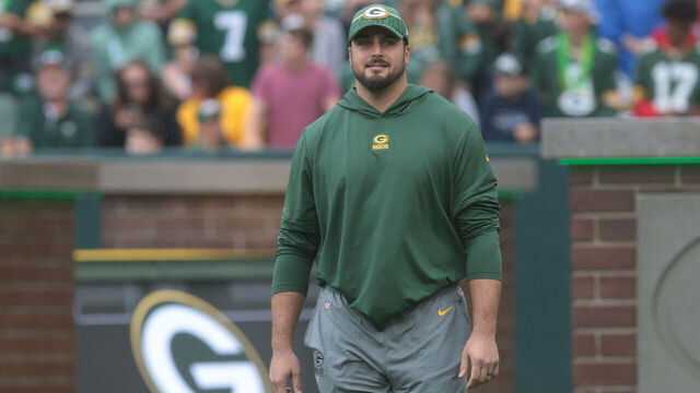 GREEN BAY, WI - AUGUST 26: Green Bay Packers offensive tackle David Bakhtiari (69) walks to the bench during a game between the Green Bay Packers and the Seattle Seahawks at Lambeau Field on August 26, 2023 in Green Bay, WI.