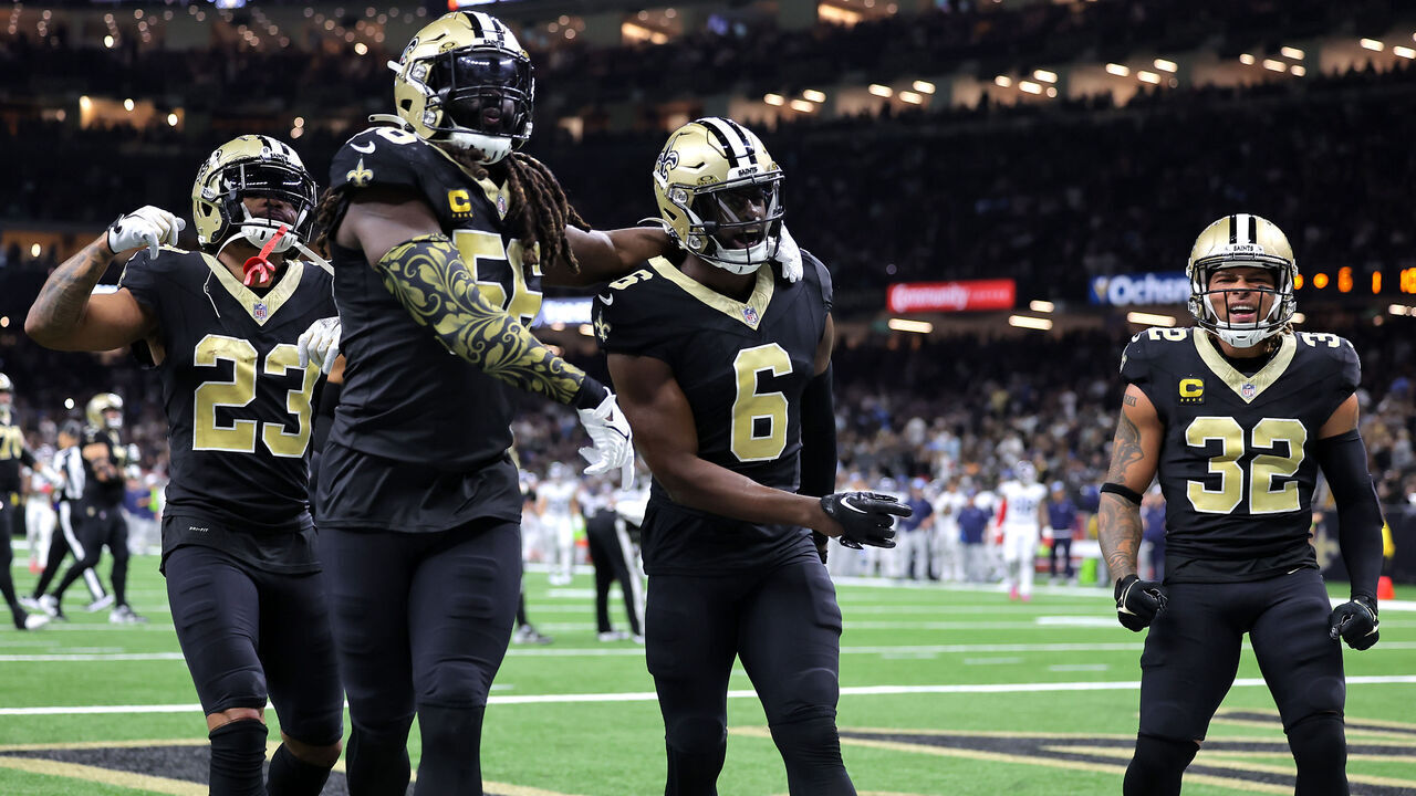 NEW ORLEANS, LOUISIANA - SEPTEMBER 10: Marshon Lattimore #23 of the New Orleans Saints, Demario Davis #56 of the New Orleans Saints, Marcus Maye #6 of the New Orleans Saints, and Tyrann Mathieu #32 of the New Orleans Saints celebrate after Maye's interception during the third quarter against the Tennessee Titans at Caesars Superdome on September 10, 2023 in New Orleans, Louisiana.