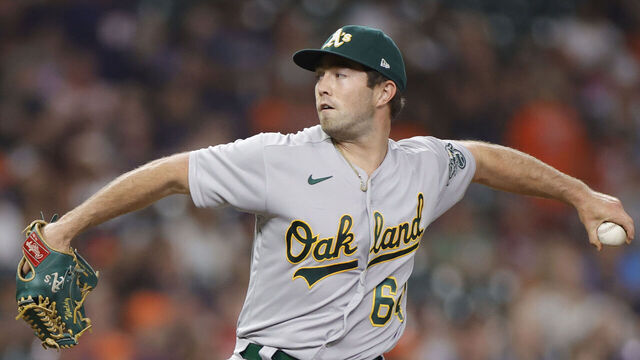 HOUSTON, TEXAS - SEPTEMBER 11: Ken Waldichuk #64 of the Oakland Athletics delivers during the third inning against the Houston Astros at Minute Maid Park on September 11, 2023 in Houston, Texas.