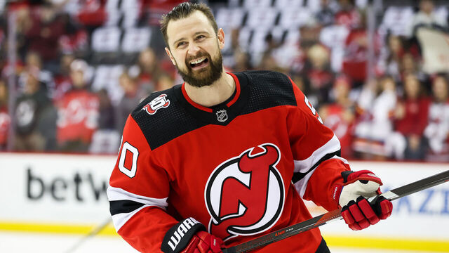 NEWARK, NJ - MAY 09: New Jersey Devils left wing Tomas Tatar (90) warms up before Game 4 of an Eastern Conference Second Round playoff game between the Carolina Hurricanes and the New Jersey Devils on May 9, 2023, at Prudential Center in Newark, New Jersey.