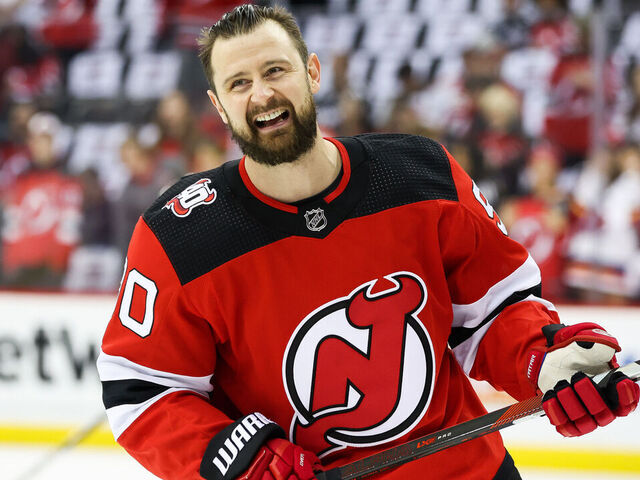NEWARK, NJ - MAY 09: New Jersey Devils left wing Tomas Tatar (90) warms up before Game 4 of an Eastern Conference Second Round playoff game between the Carolina Hurricanes and the New Jersey Devils on May 9, 2023, at Prudential Center in Newark, New Jersey.