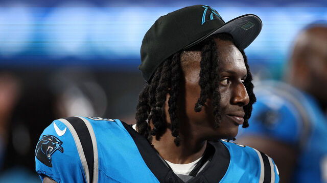 CHARLOTTE, NORTH CAROLINA - AUGUST 25: Jaycee Horn #8 of the Carolina Panthers looks on from the sideline during the second quarter of a preseason game against the Detroit Lions at Bank of America Stadium on August 25, 2023 in Charlotte, North Carolina.