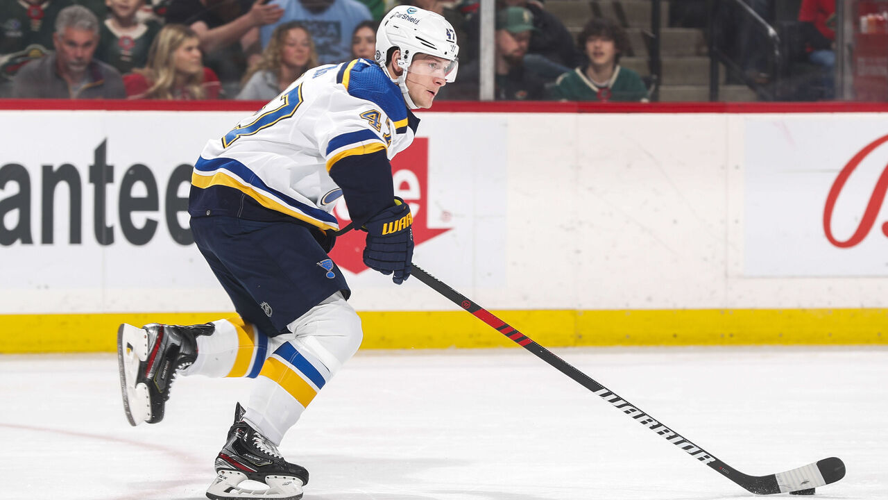 ST. PAUL, MN - APRIL 8: Torey Krug #47 of the St. Louis Blues skates with the puck during the game at Xcel Energy Center on April 8, 2023 in St. Paul, Minnesota.