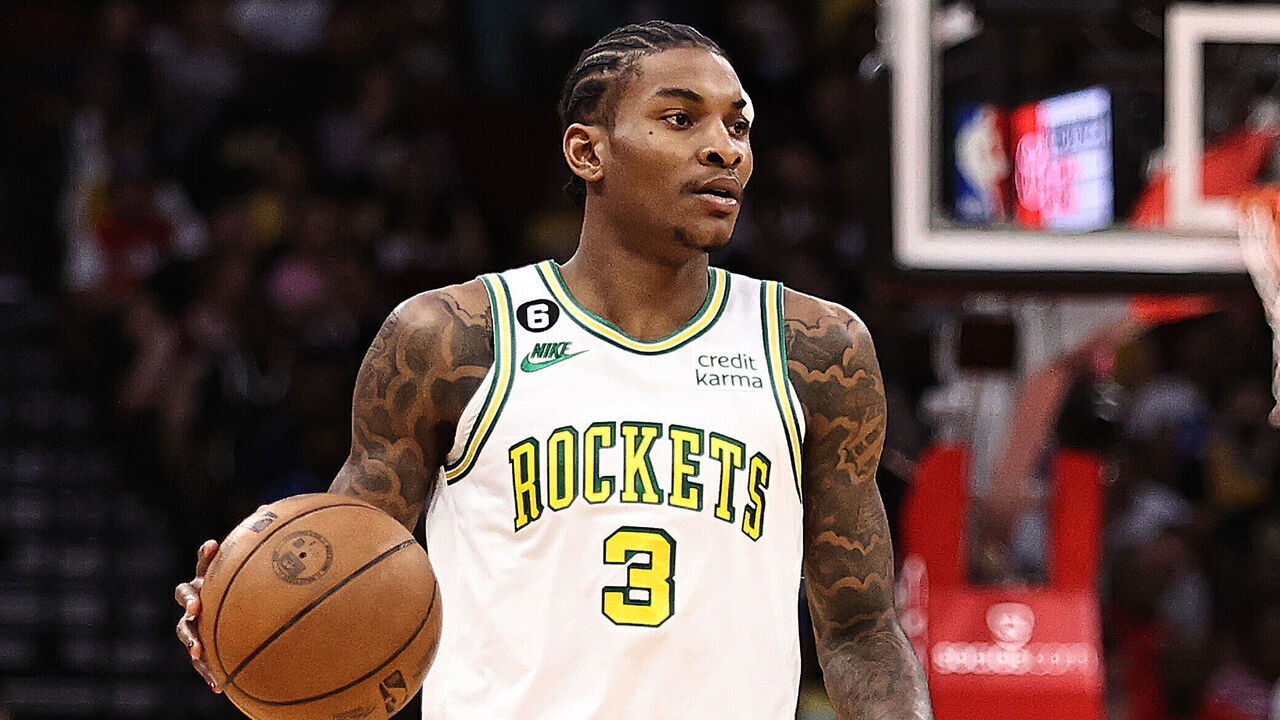 HOUSTON, TEXAS - APRIL 02: Kevin Porter Jr. #3 of the Houston Rockets against the Los Angeles Lakers at Toyota Center on April 02, 2023 in Houston, Texas.