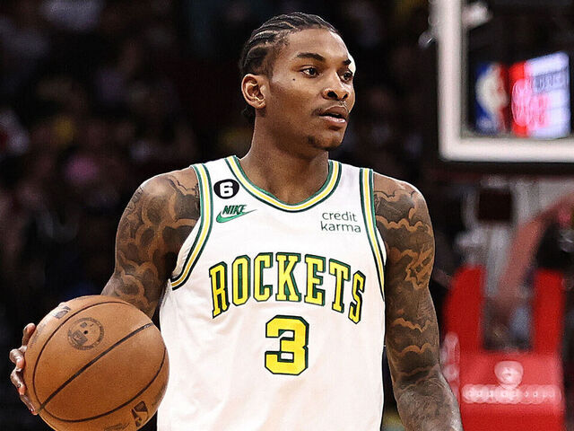 HOUSTON, TEXAS - APRIL 02: Kevin Porter Jr. #3 of the Houston Rockets against the Los Angeles Lakers at Toyota Center on April 02, 2023 in Houston, Texas.