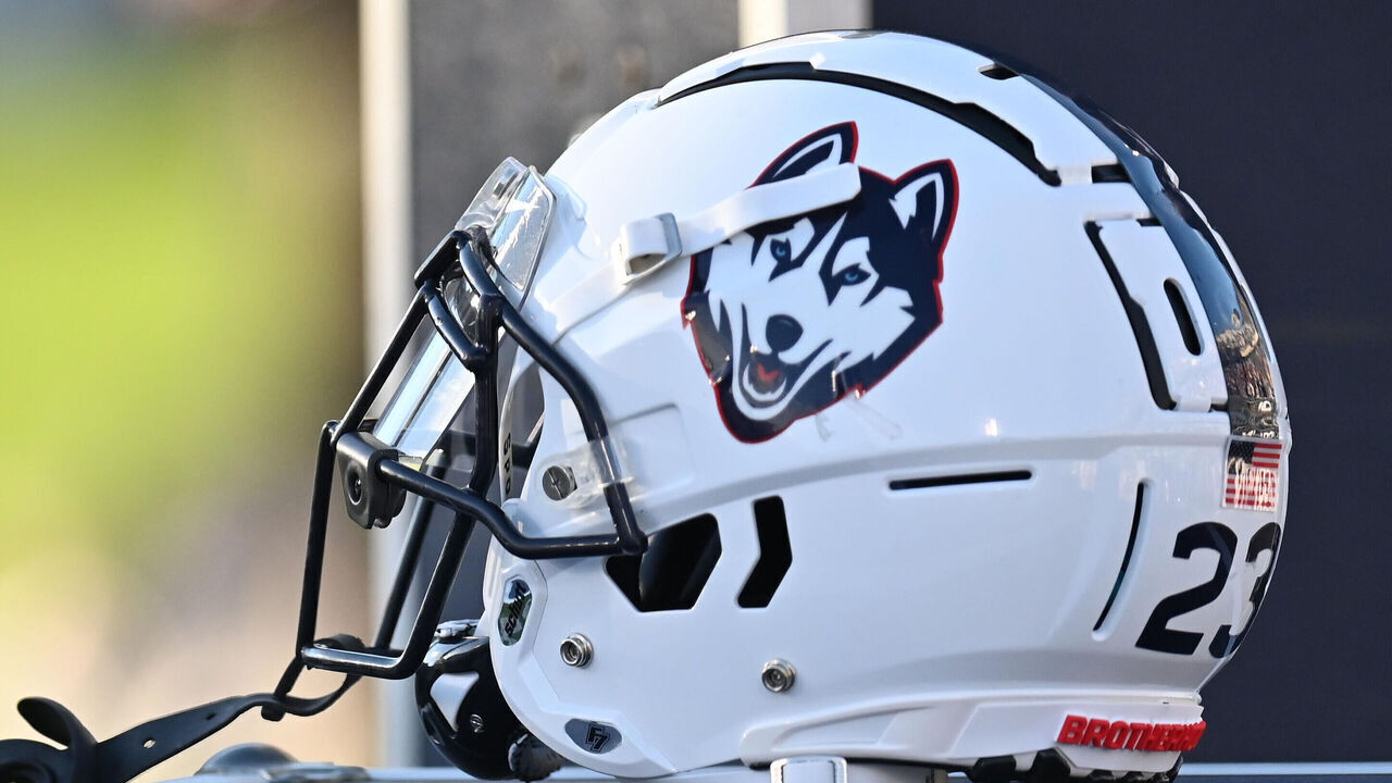 EAST HARTFORD, CT - NOVEMBER 12: UConn Huskies helmet during the game as the Liberty Flames take on the UConn Huskies on November 12, 2022, at the Rentschler Field in East Hartford, Connecticut.