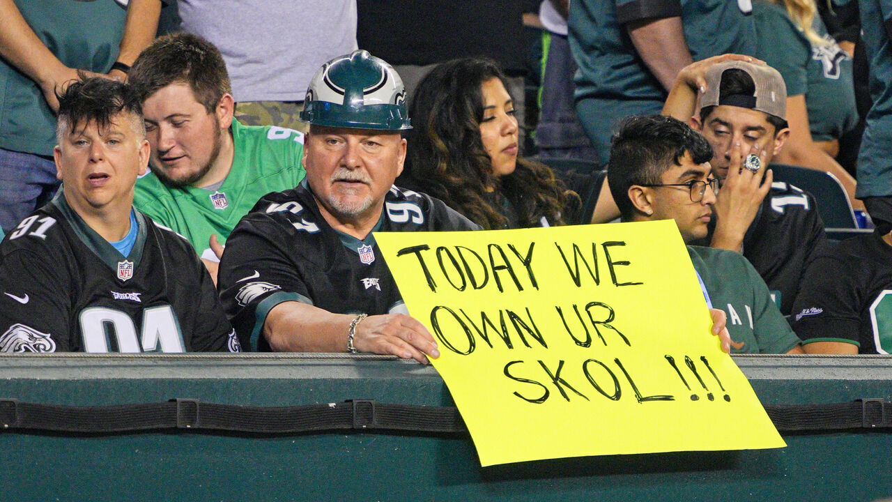 PHILADELPHIA, PA - SEPTEMBER 19: Philadelphia Eagles fans hold a sign during the game between the Minnesota Vikings and the Philadelphia Eagles on September 19, 2022 at Lincoln Financial Field in Philadelphia PA.
