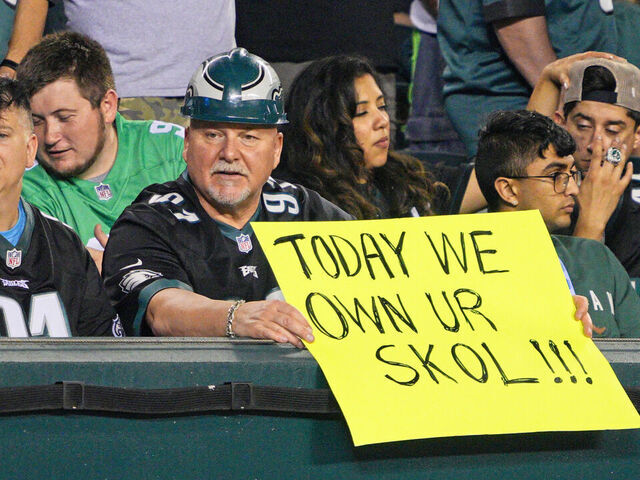 PHILADELPHIA, PA - SEPTEMBER 19: Philadelphia Eagles fans hold a sign during the game between the Minnesota Vikings and the Philadelphia Eagles on September 19, 2022 at Lincoln Financial Field in Philadelphia PA.