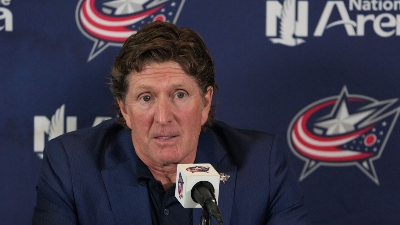 COLUMBUS, OHIO - JULY 01: Columbus Blue Jackets Head Coach Mike Babcock addresses member of the media during a press conference at Nationwide Arena on July 01, 2023 in Columbus, Ohio.