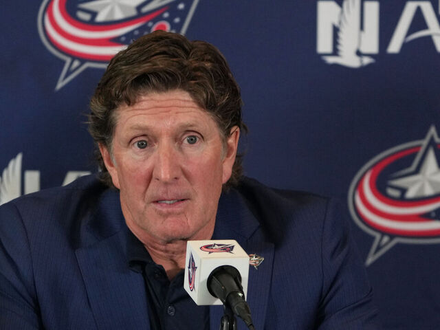 COLUMBUS, OHIO - JULY 01: Columbus Blue Jackets Head Coach Mike Babcock addresses member of the media during a press conference at Nationwide Arena on July 01, 2023 in Columbus, Ohio.