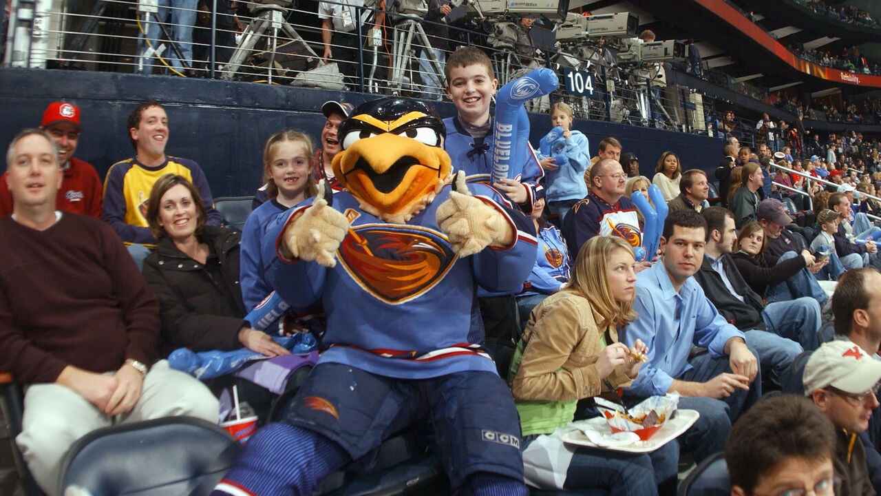 ATLANTA - JANUARY 21: The Atlanta Thrashers mascot Thrash interacts with fans during the game against the Tampa Bay Lightning at Philips Arena on January 21, 2006 in Atlanta, Georgia. The Lightning won 2-0.